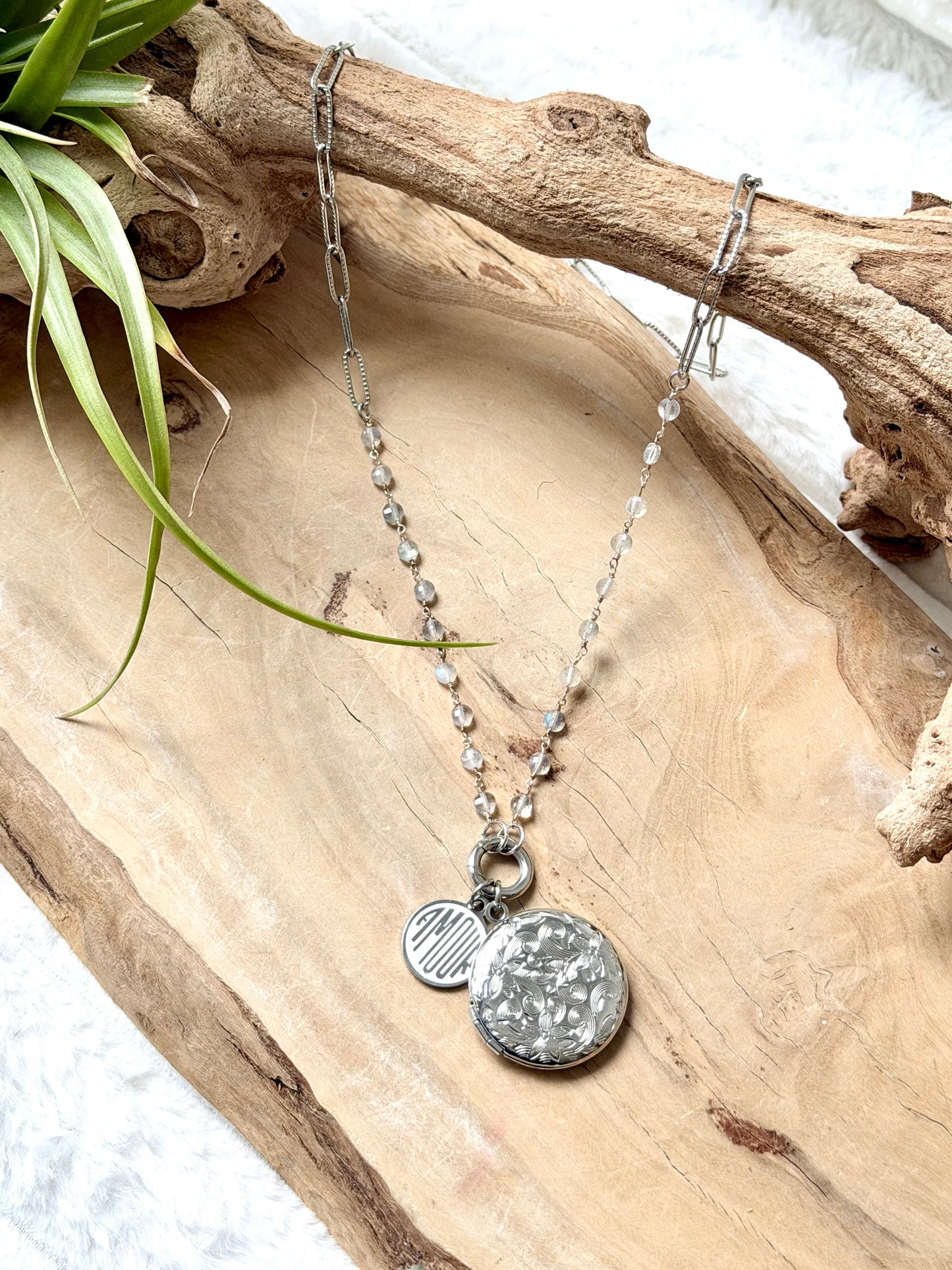 Labradorite + Stainless Steel Locket, Carabiner Charm Necklace