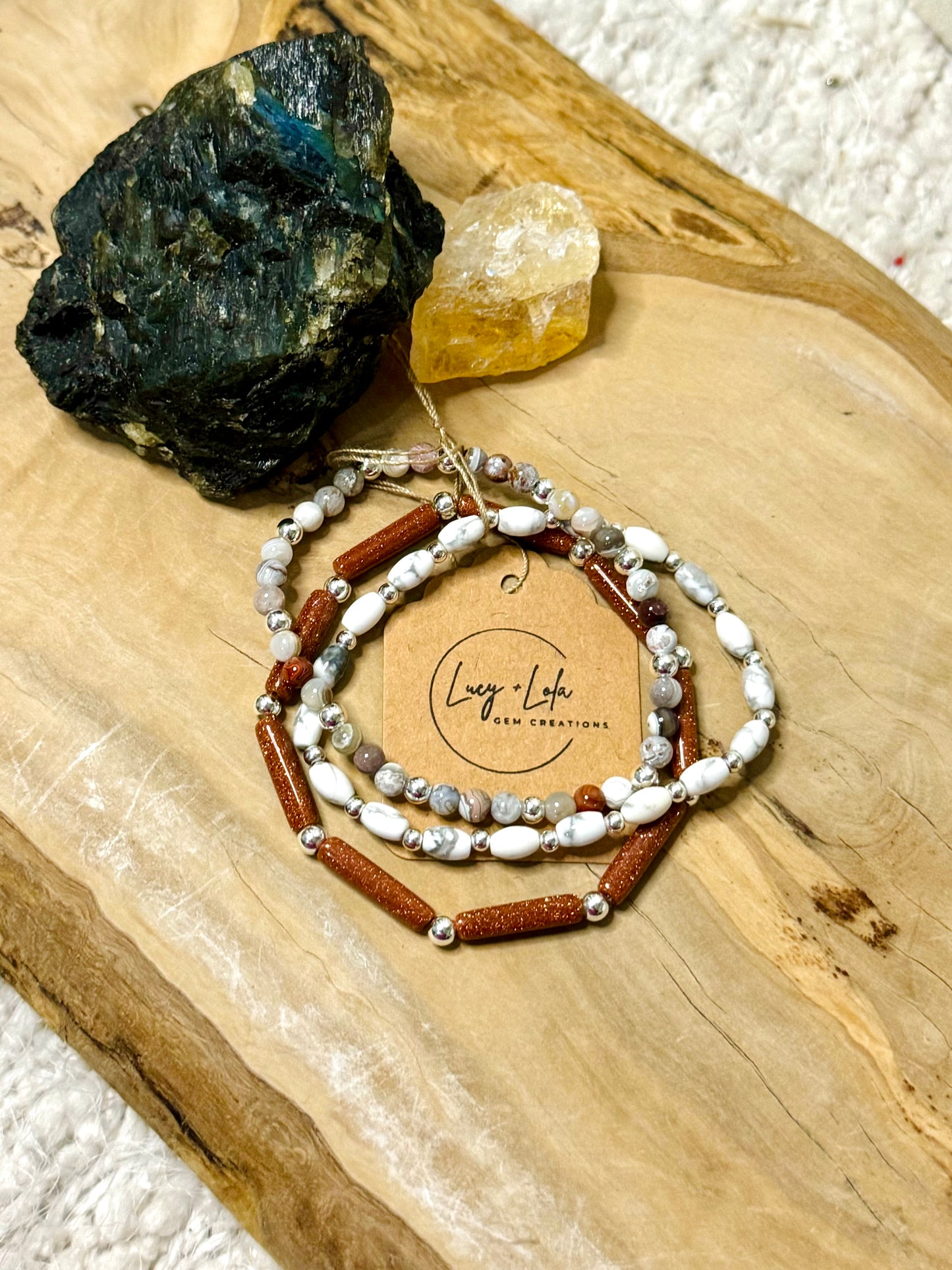 Goldstone + Laguna Agate Silver Stack (3-stack)