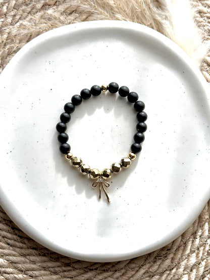 Matte Black Onyx + Champagne Hematite -  Gold Bow Band