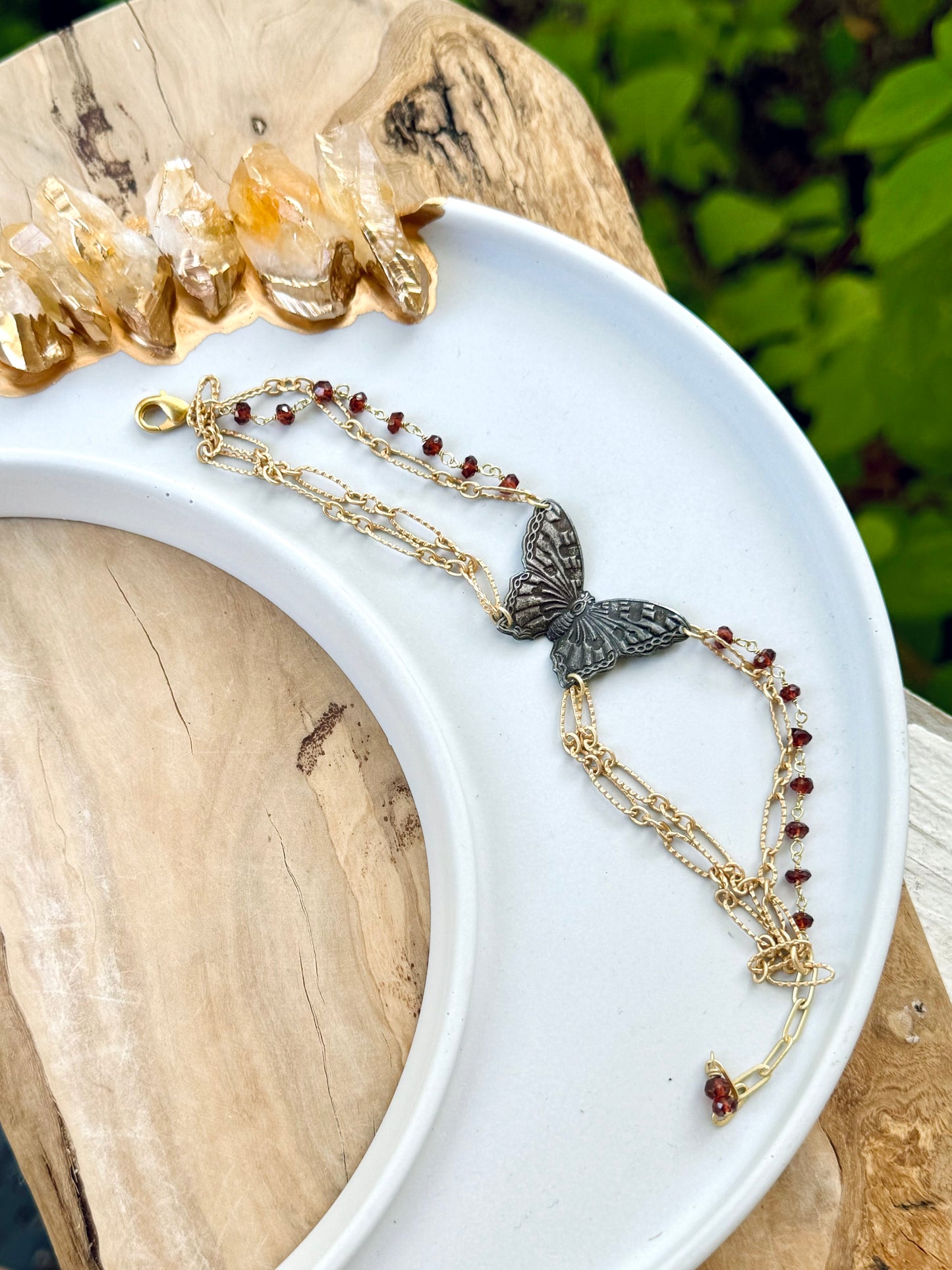 Dark Brass Butterfly + Garnet Matte Gold Chain Bracelet