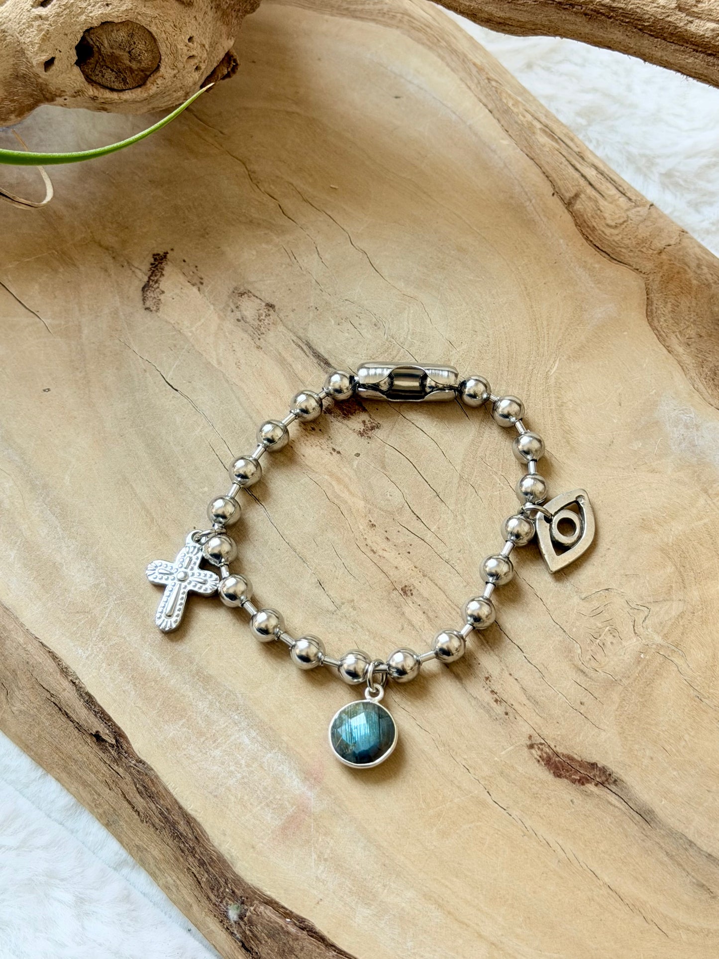 Labradorite + Stainless Ball Chain Charm Bracelet