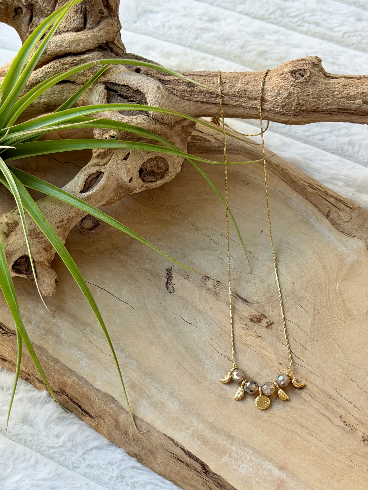 Mystic Gray Agate + Gold Moon Phases Necklace