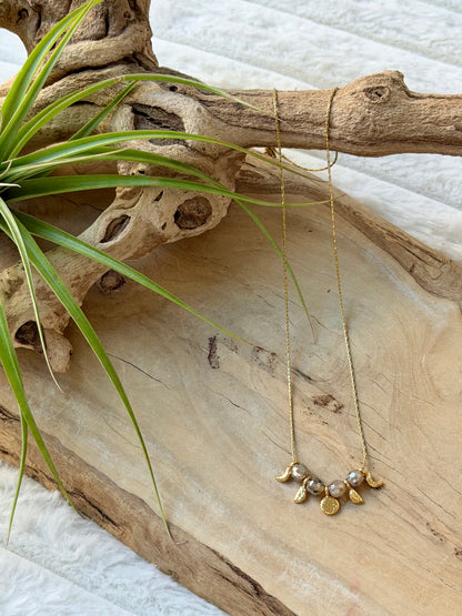 Mystic Gray Agate + Gold Moon Phases Necklace