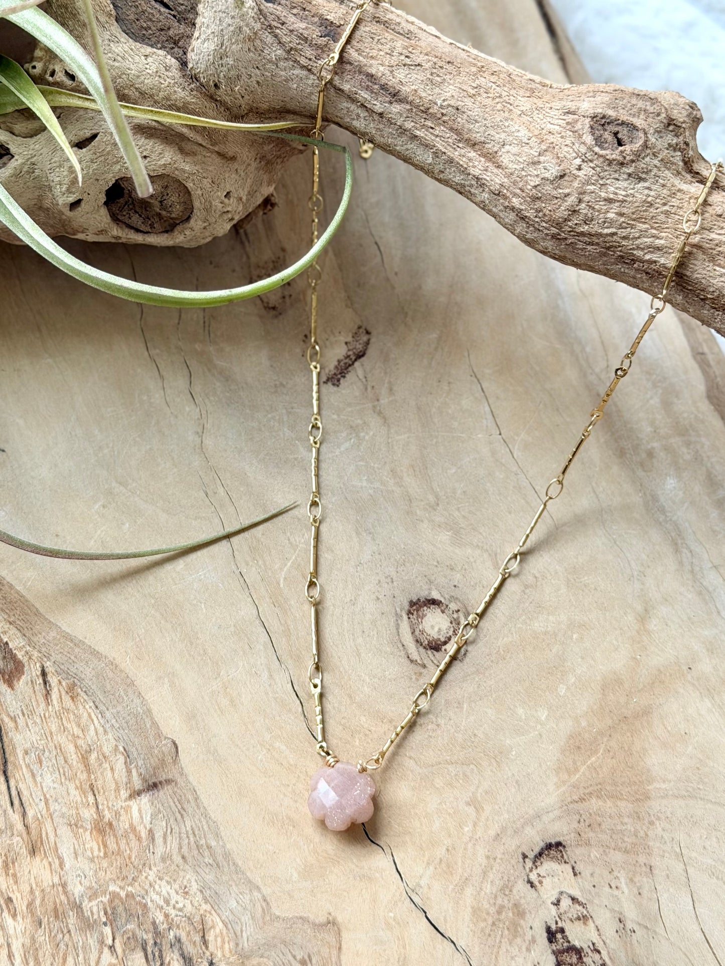 Peach Moonstone Flower + Gold Stainless Steel Necklace