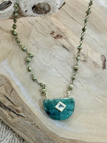 Emerald + White Topaz Half-Moon Necklace