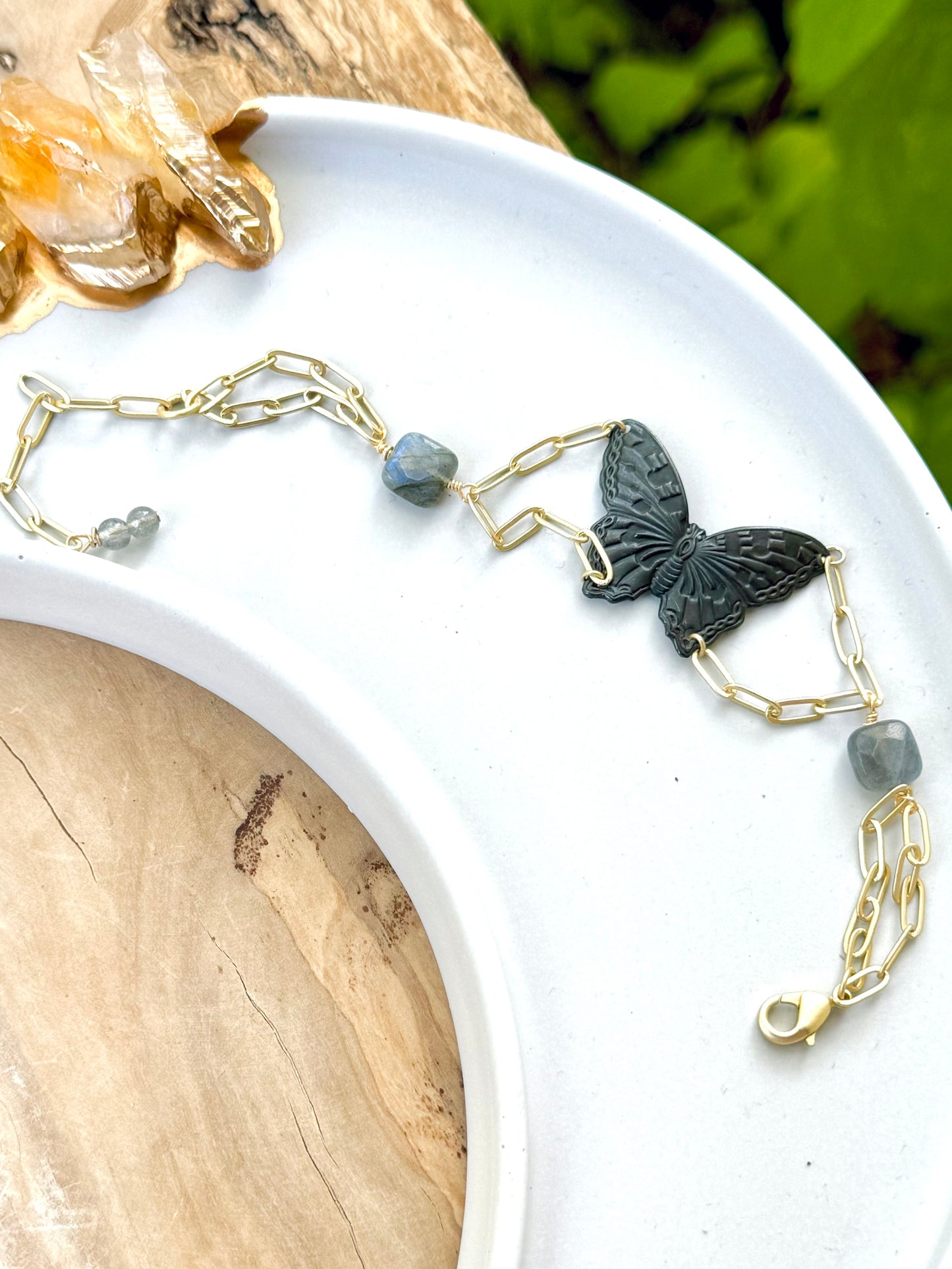 Dark Brass Butterfly + Labradorite Matte Gold Chain Bracelet