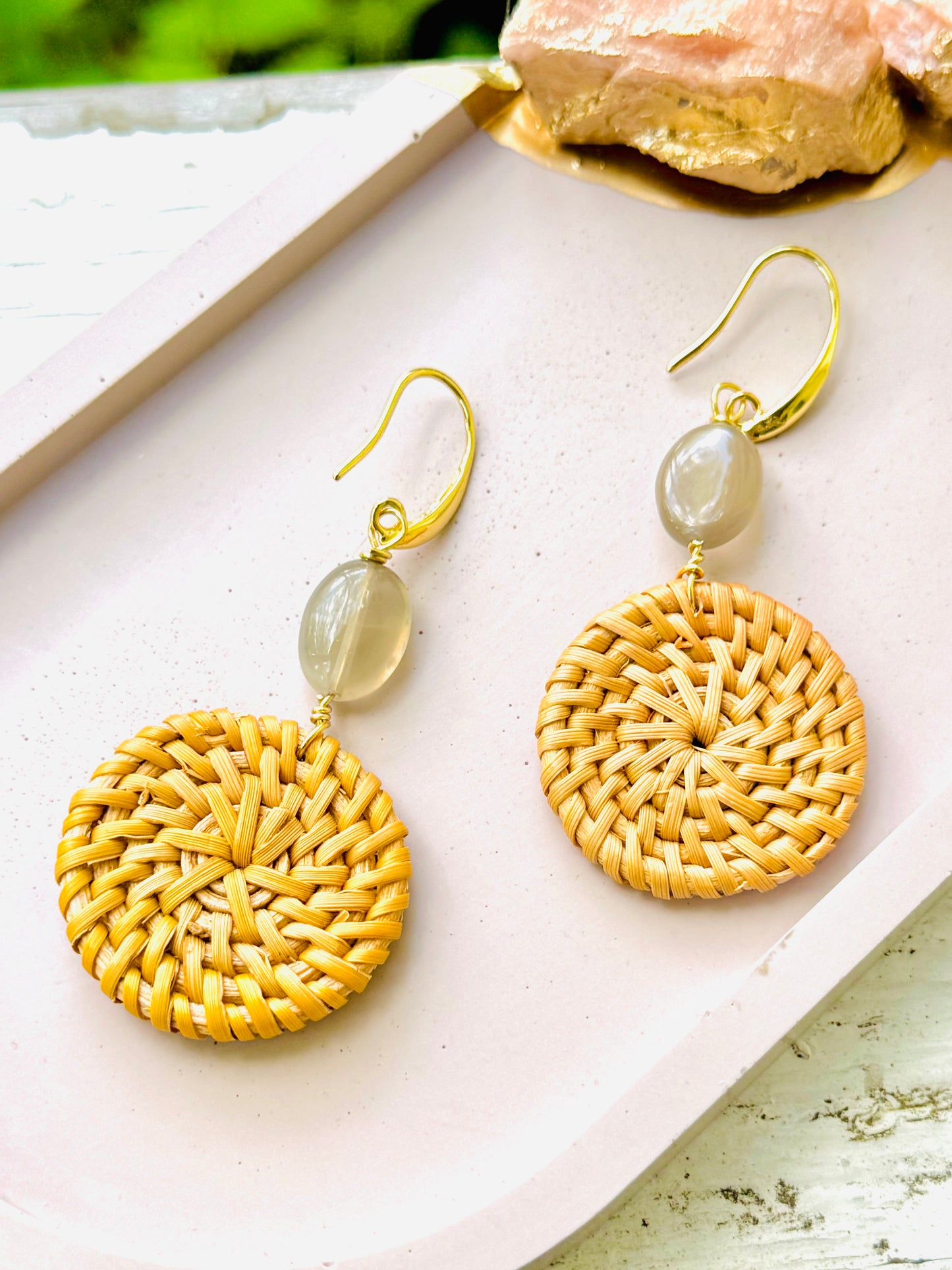 Gray Oval Moonstone + Gold Mini Rattan Earrings