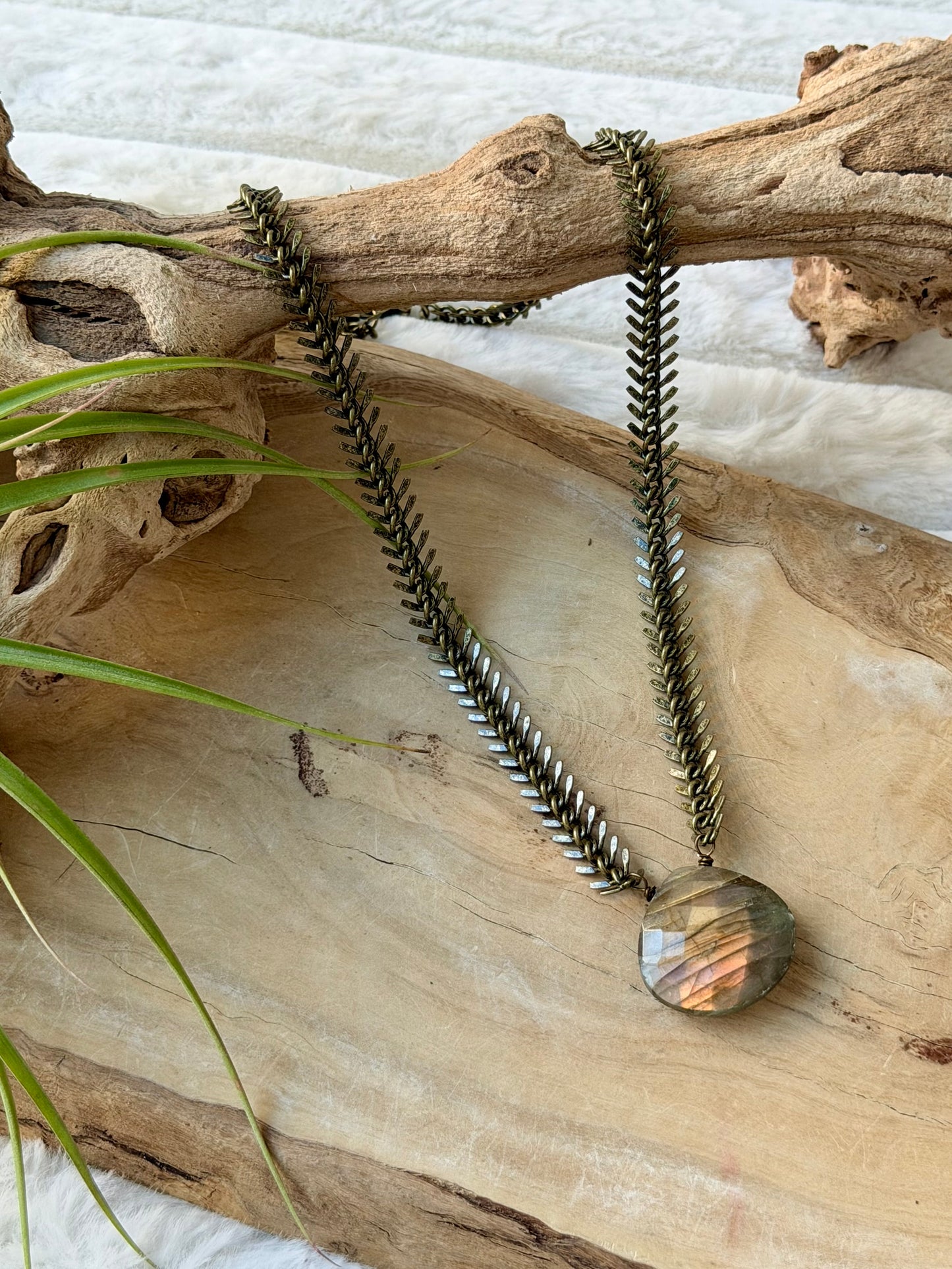 Labradorite + Antique Brass Fishbone Necklace
