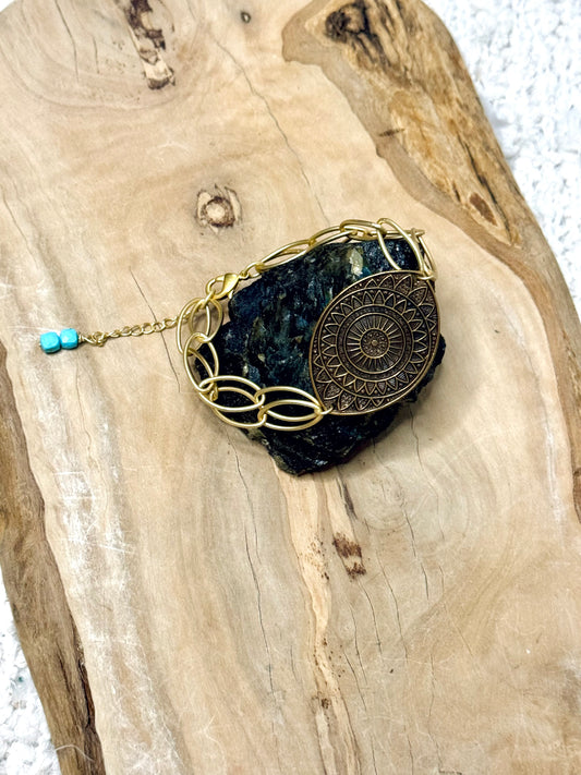 Brass Mandala Eye + Double Matte Gold Chain Bracelet