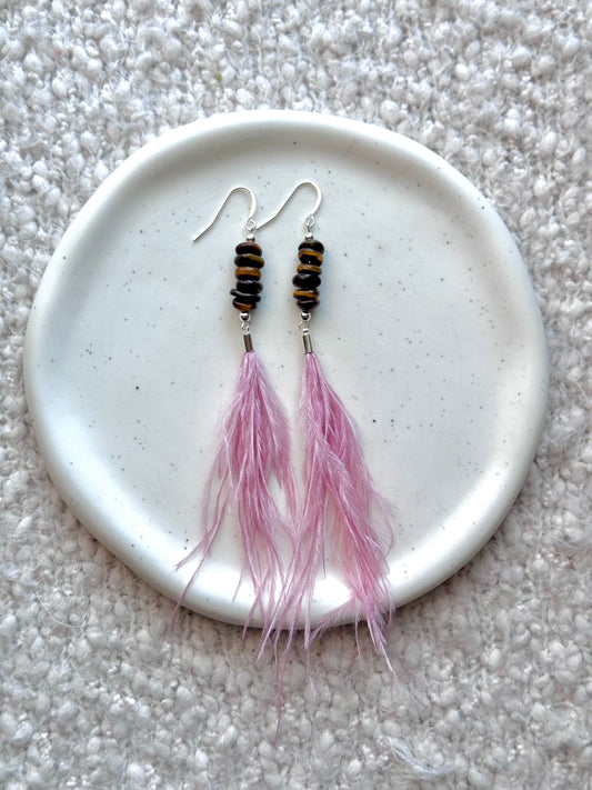 Tiger Eye + Silver Pink Feather Earrings