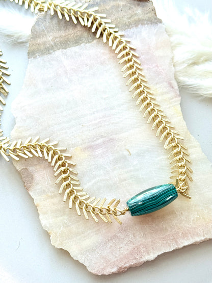 Malachite + Matte Gold Fishbone Chain Necklace