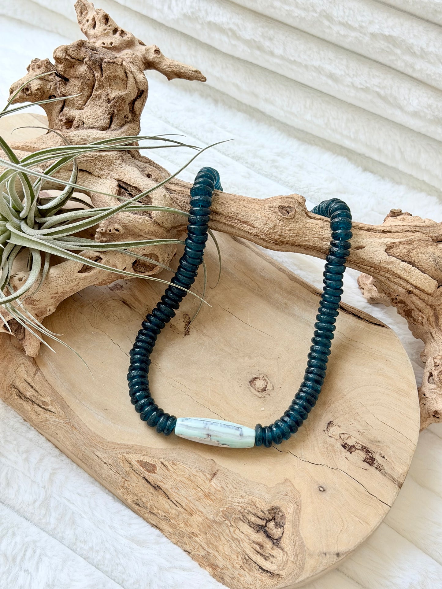 Aqua Blue Terra Agate + Teal African Glass Chunky Necklace