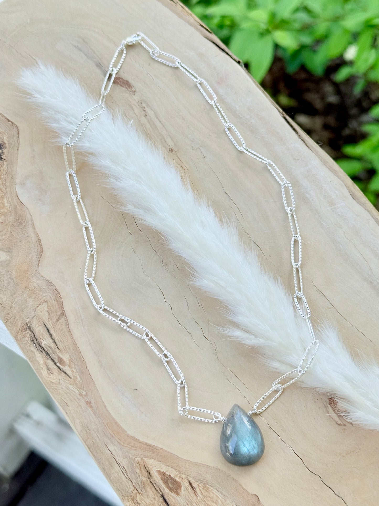 Labradorite Pendant + Silver Paperclip Necklace