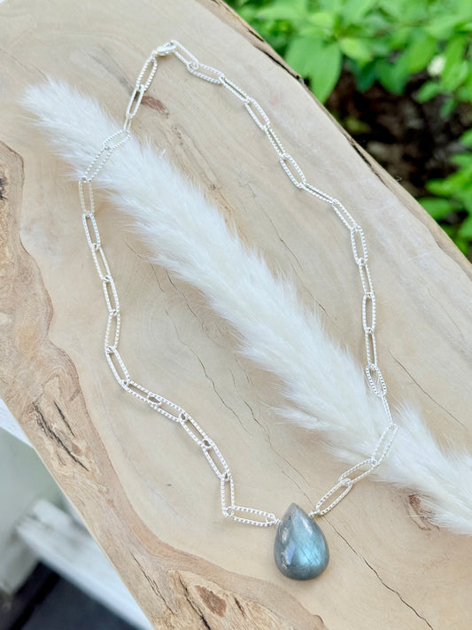 Labradorite Pendant + Silver Paperclip Necklace
