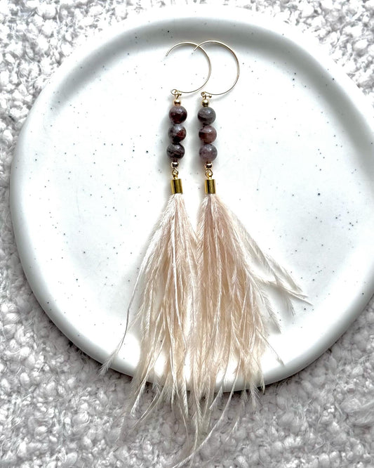 Chocolate Moonstone + Gold Blonde Feather Earrings