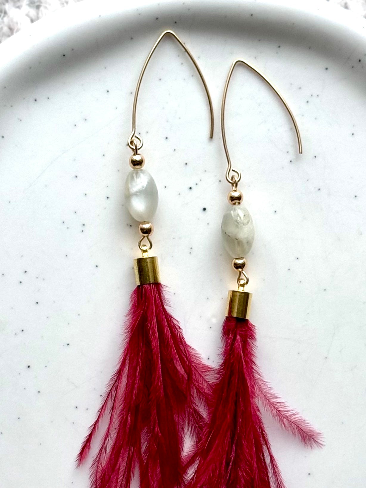 Moonstone + Gold Feather Earrings