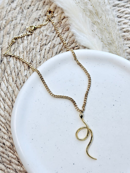 Gold Curled Snake + Curb Chain Necklace