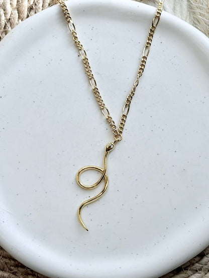 Gold Curled Snake + Figaro Chain Necklace