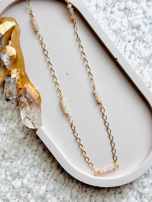 Silver-Peach Moonstone + Gold Chain Necklace