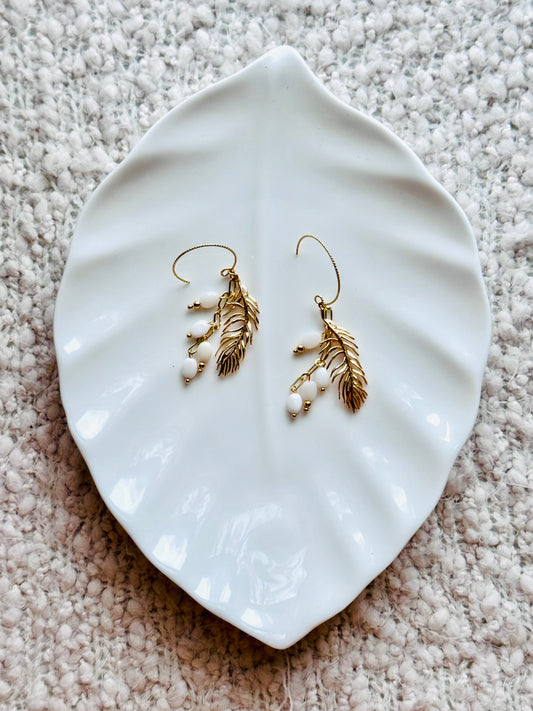 Botanical Feather + Gold Dangle Earrings