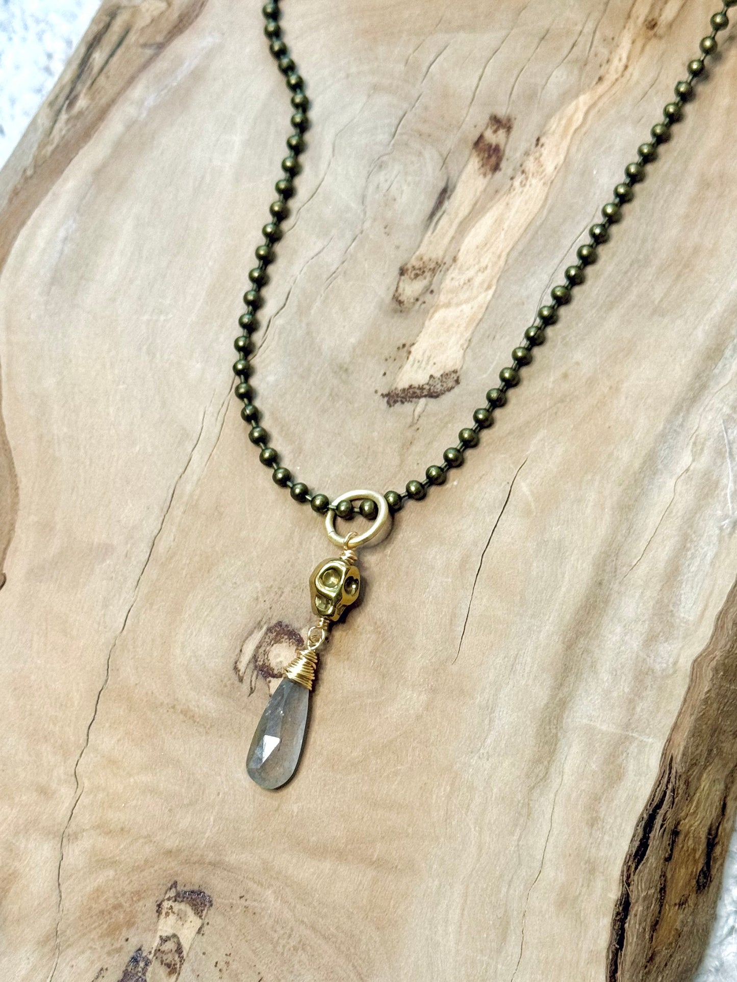 Labradorite + Mixed Metals Hematite Skull Necklace