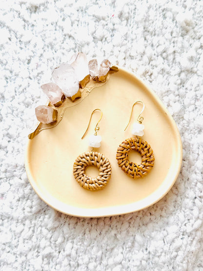 Rainbow Moonstone + Gold Mini Rattan Earrings