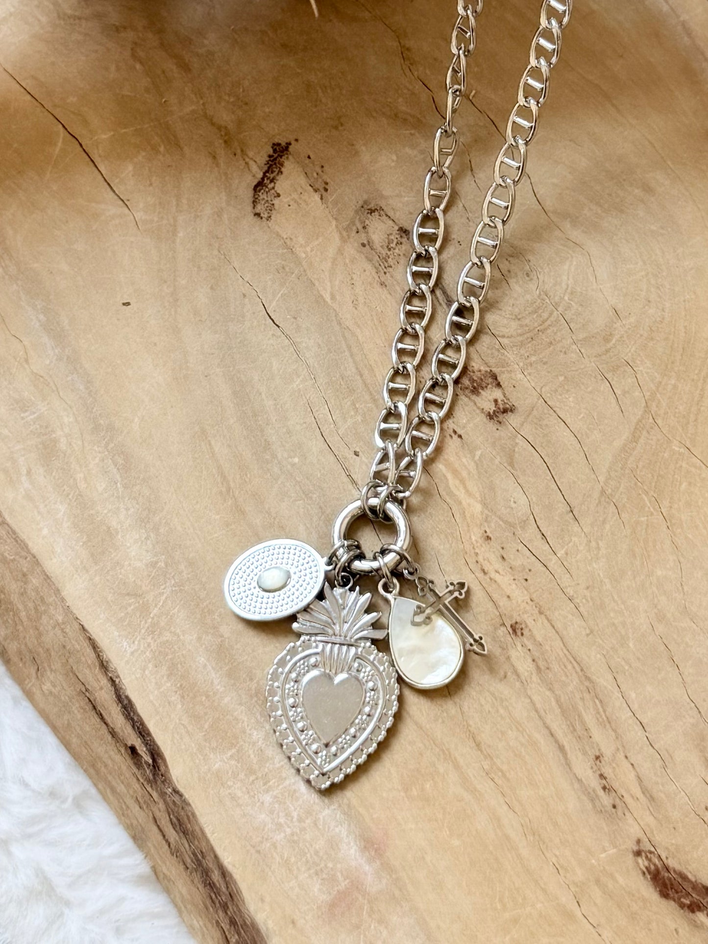 Mother of Pearl + Silver Stainless Carabiner Charm Necklace