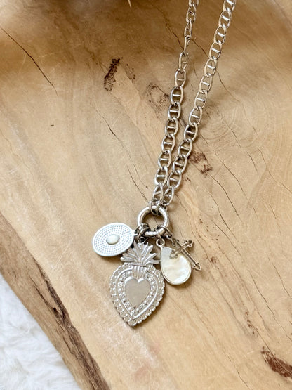 Mother of Pearl + Silver Stainless Carabiner Charm Necklace