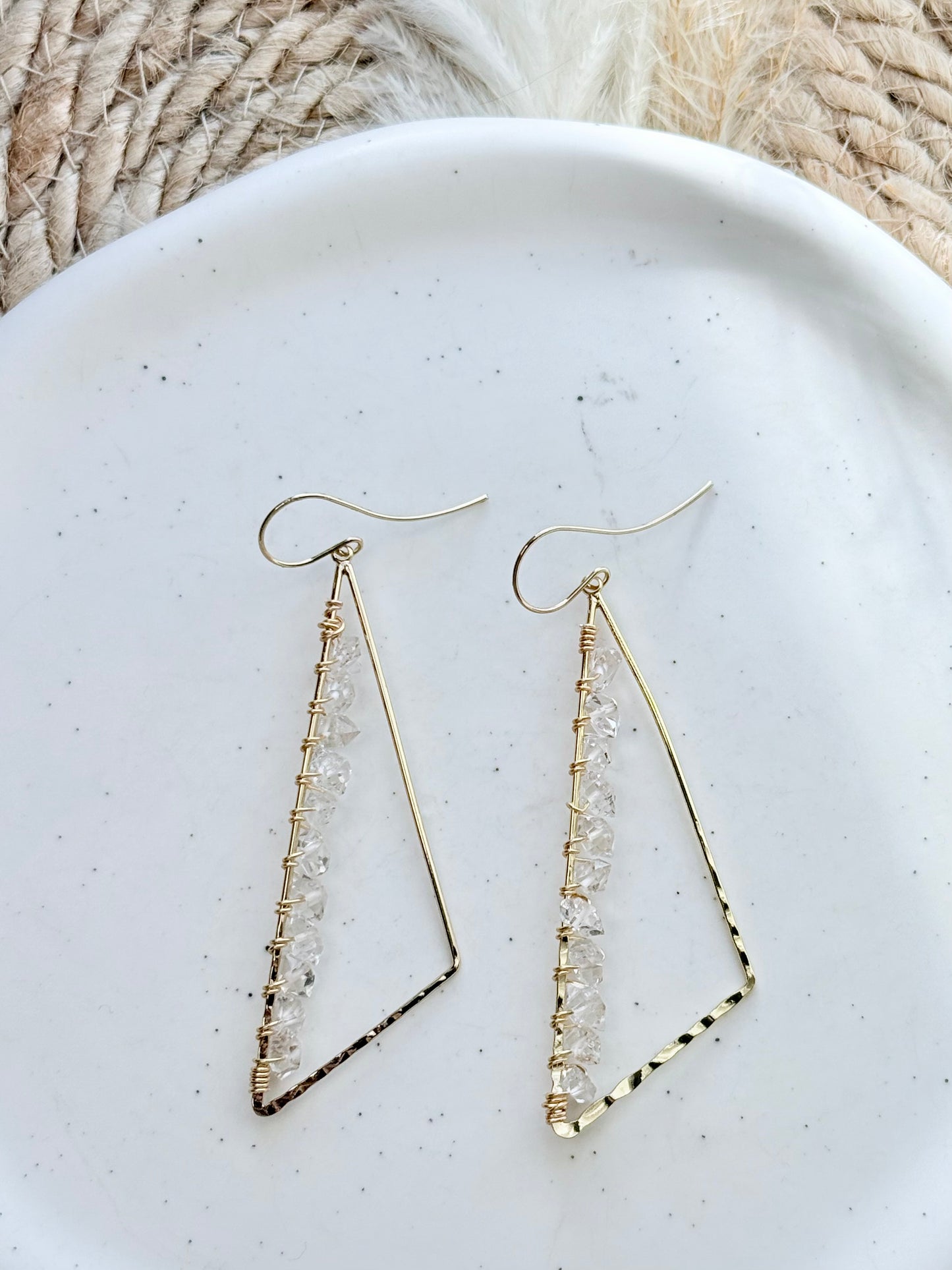 Herkimer Diamond + Gold Large Triangle Earrings