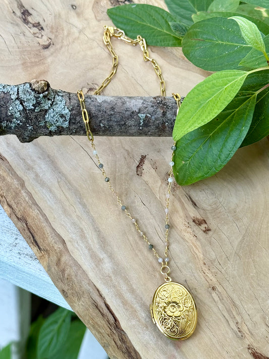 Mixed Moonstone + Matte Gold Locket Necklace