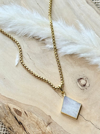 Rainbow Moonstone + Gold Pendant Necklace