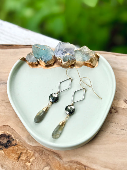 Labradorite + Pyrite Mixed Metal Drop Earrings