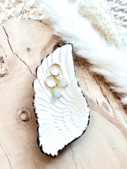 Rainbow Moonstone + Gold Heart Huggie Earrings