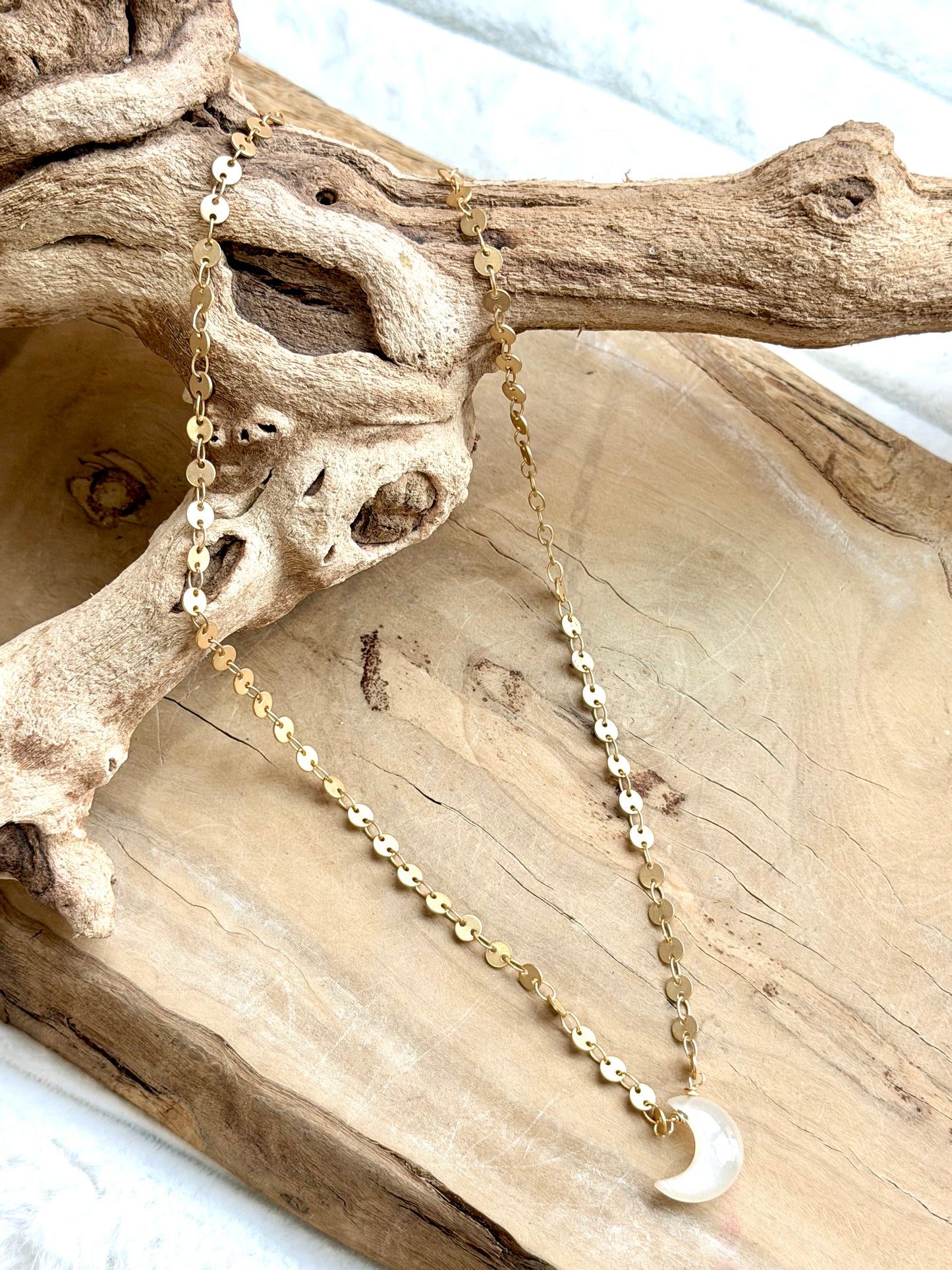 White Moonstone + Matte Gold Moon Necklace