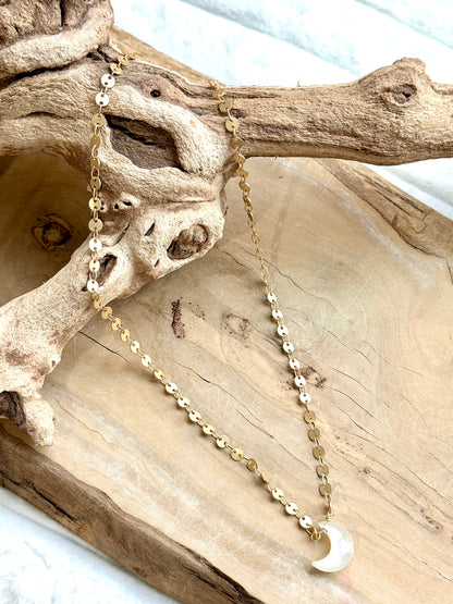 White Moonstone + Matte Gold Moon Necklace