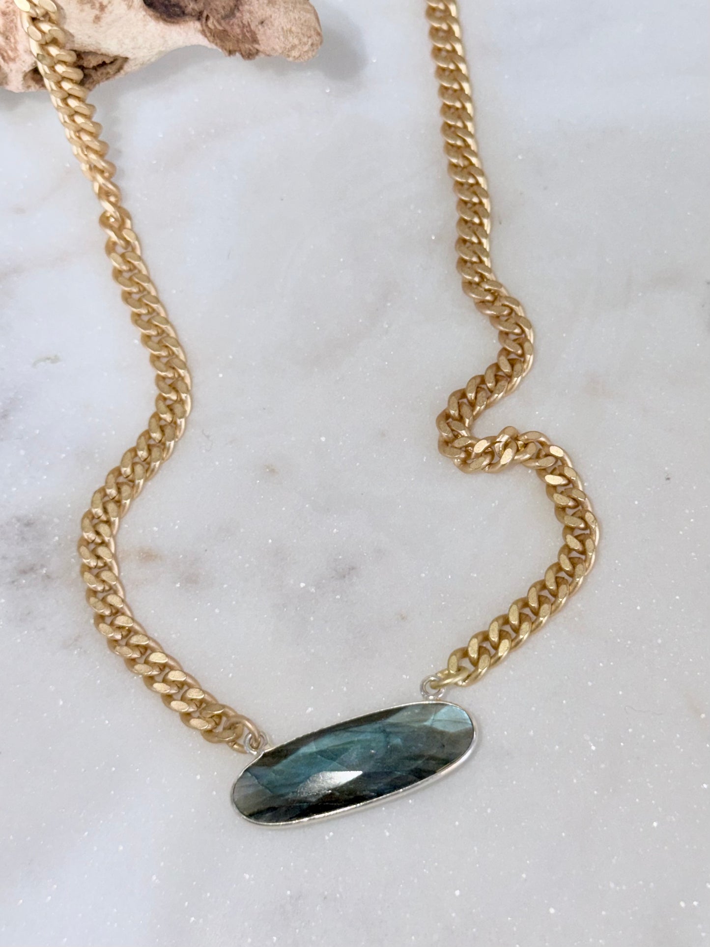 Labradorite + Matte Gold Bar Necklace