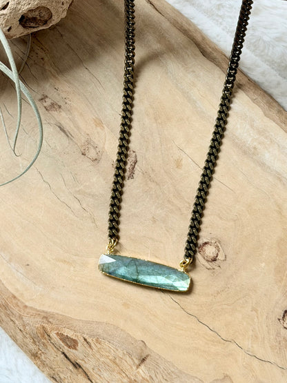 Labradorite + Antique Brass Bar Necklace