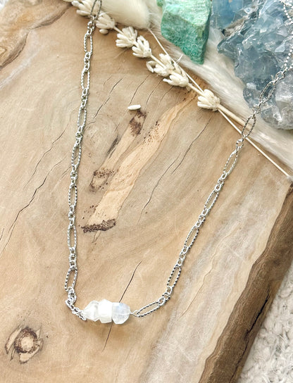 Rainbow Moonstone + Silver Trio Necklace