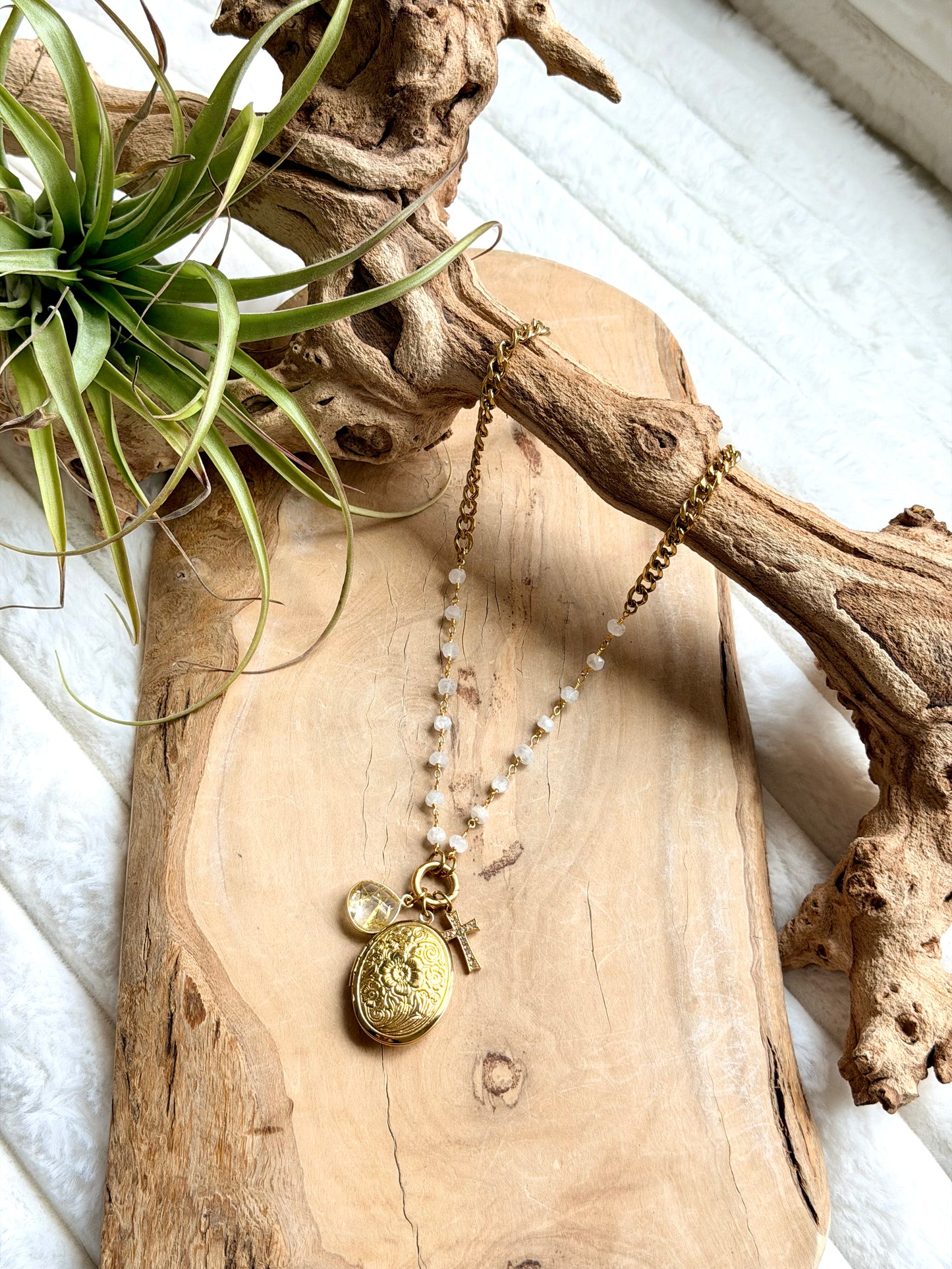Moonstone + Gold Stainless Steel Locket, Carabiner Charm Necklace