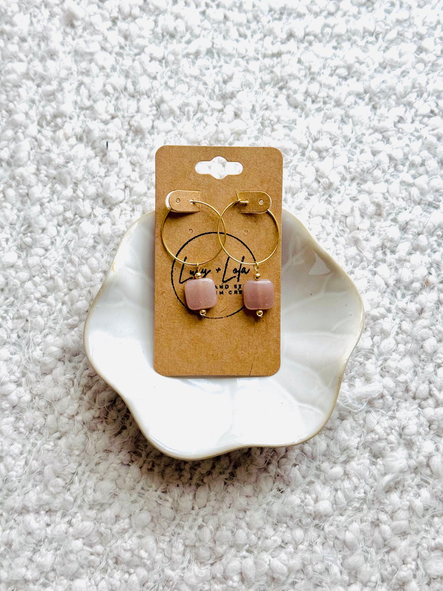 Peach Moonstone + Gold Mini Hoops