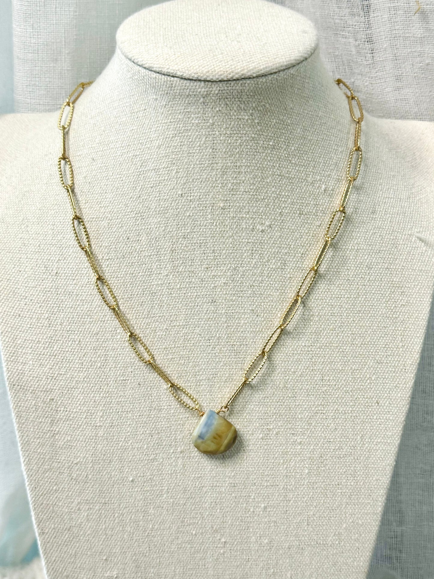 Blue-Green Jasper + Matte Gold Pendant Necklace