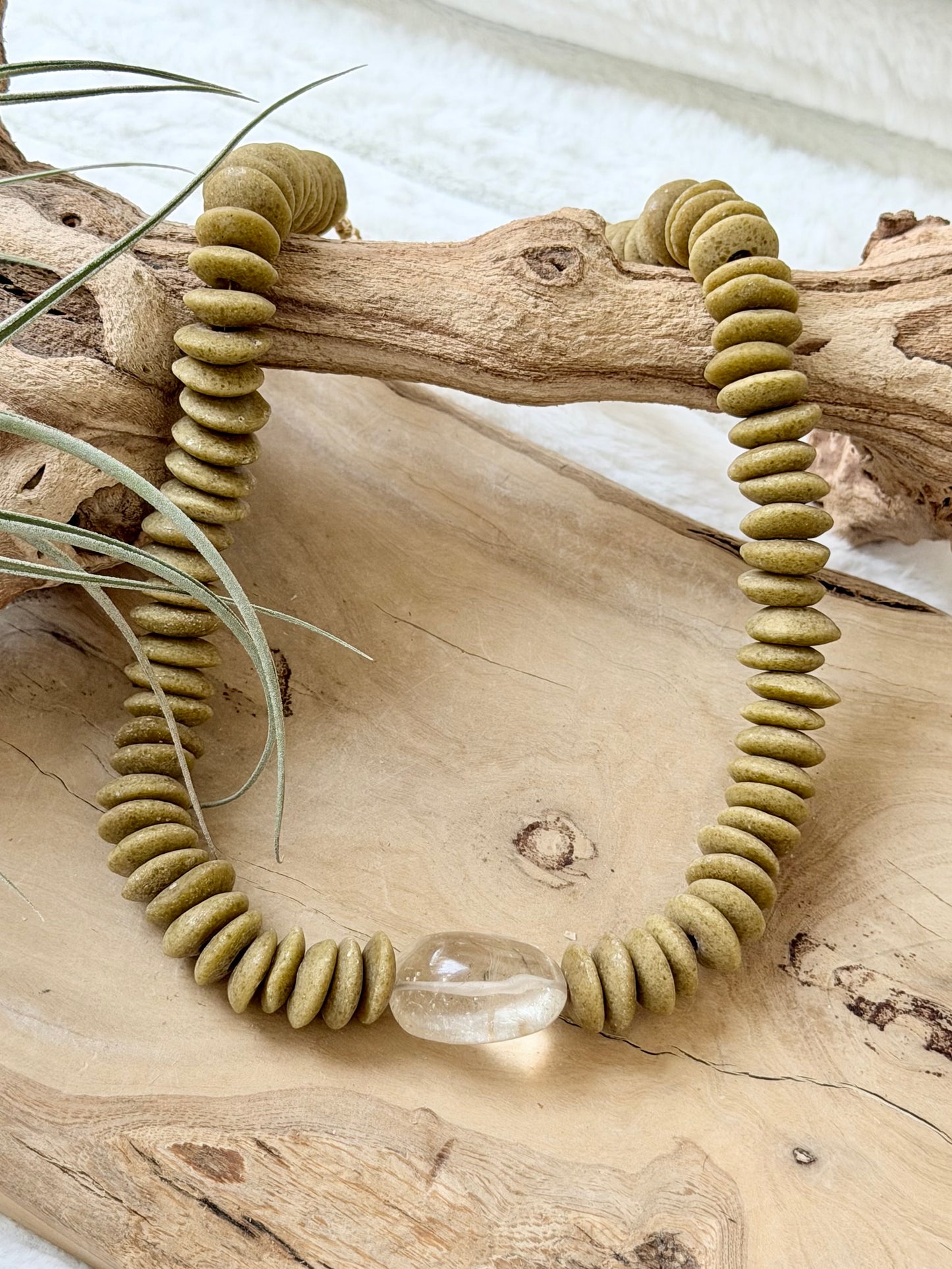 Gold Rutile Quartz + Tan African Glass Chunky Necklace