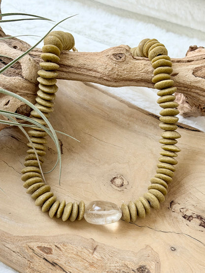 Gold Rutile Quartz + Tan African Glass Chunky Necklace