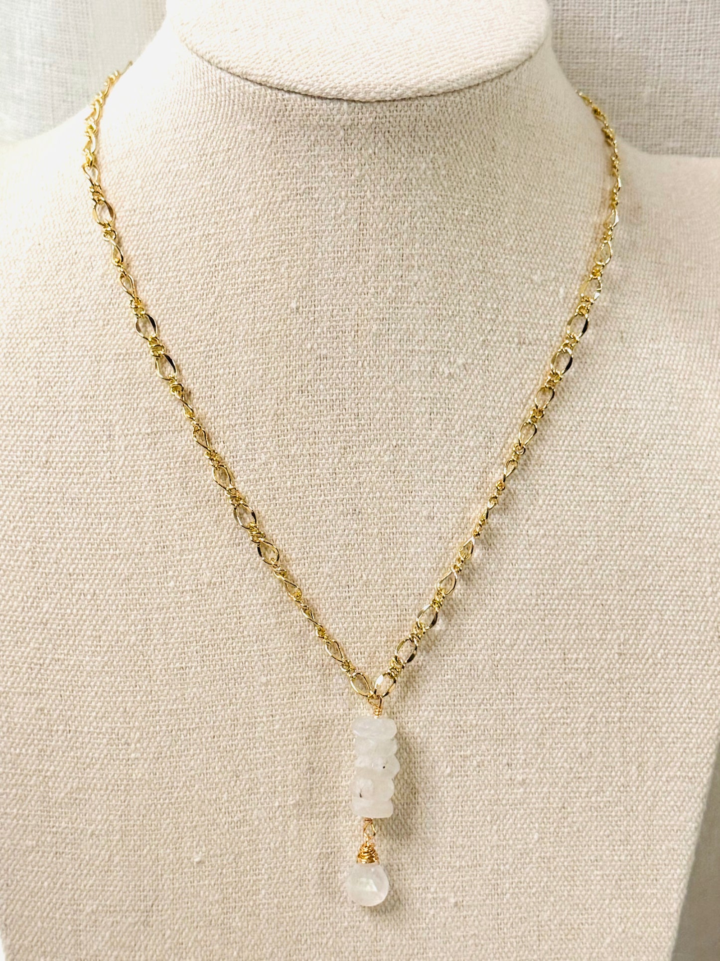 Rainbow Moonstone + Gold Lariat Necklace