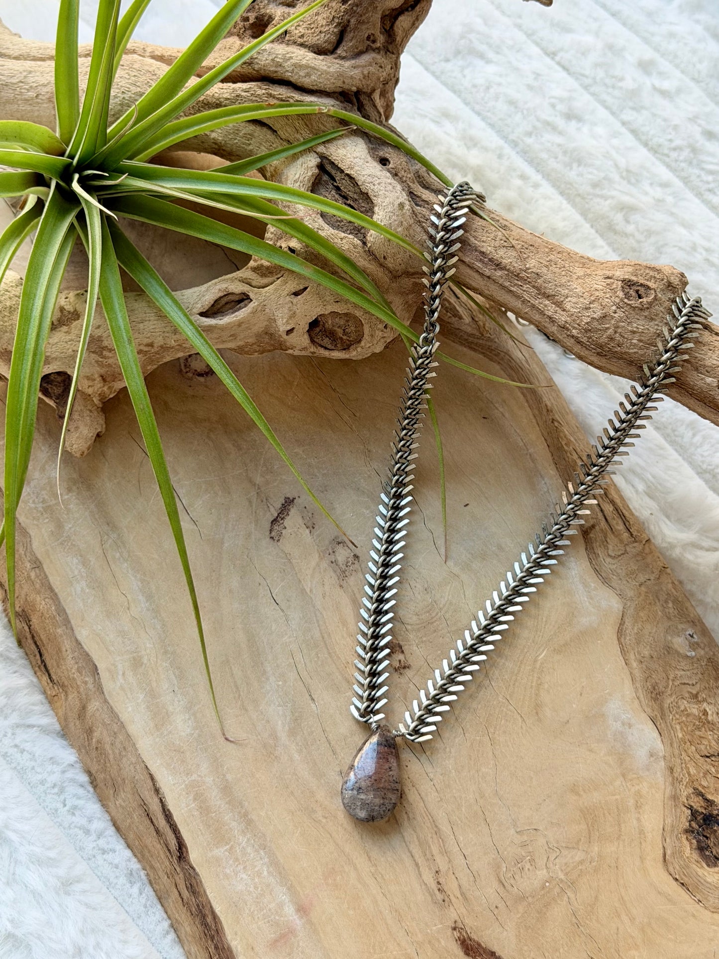 Red Moss Agate + Antique Silver Fishbone Chain Necklace