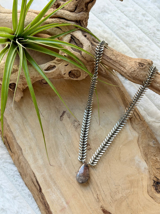 Red Moss Agate + Antique Silver Fishbone Chain Necklace