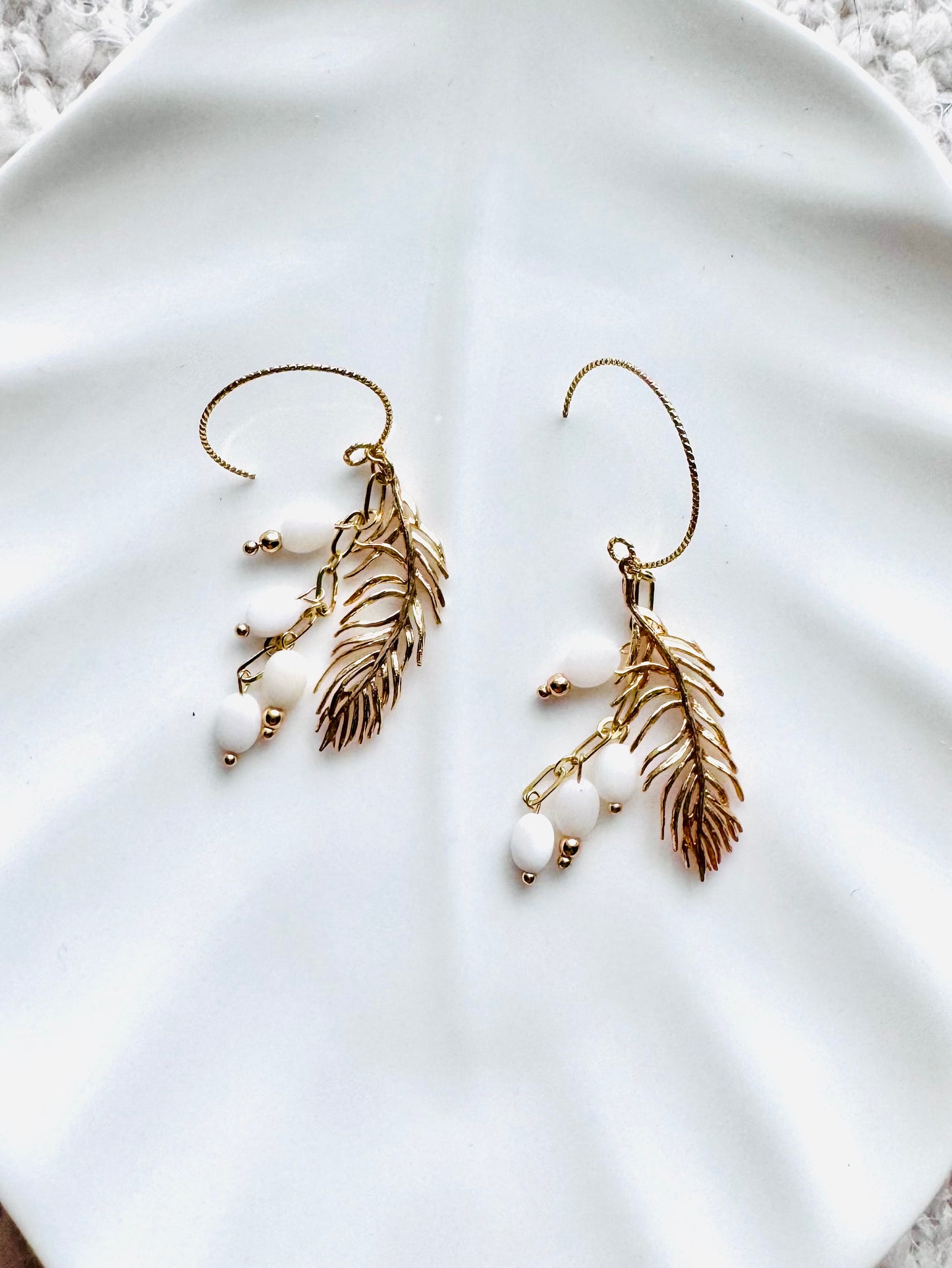 Botanical Feather + Gold Dangle Earrings