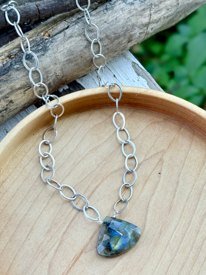 Labradorite Triangle Pendant + Antique Silver Necklace