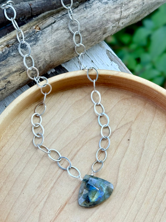 Labradorite Triangle Pendant + Antique Silver Necklace
