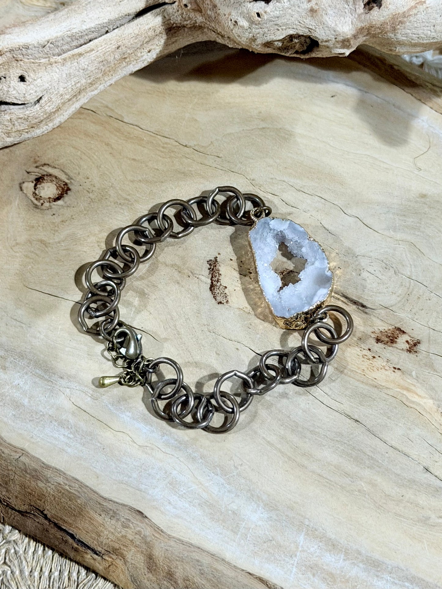 White Druzy Agate + Antique Brass Bracelet